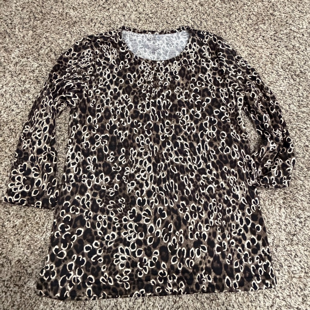 Croft & Barrow Womens Leopard Print Crew Neck Long Sleeve Top Brown Black S